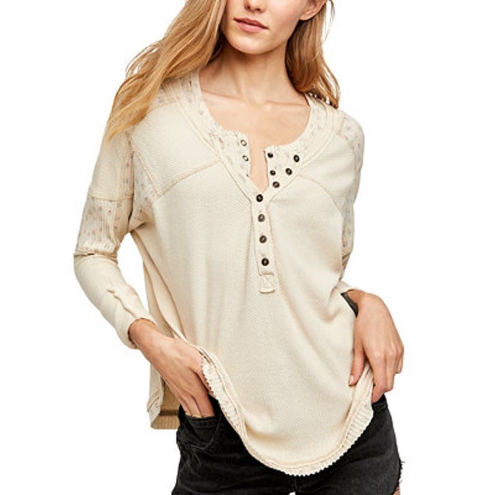Free People heart to heart Henley long sleeve cream thermal top womens size xs
